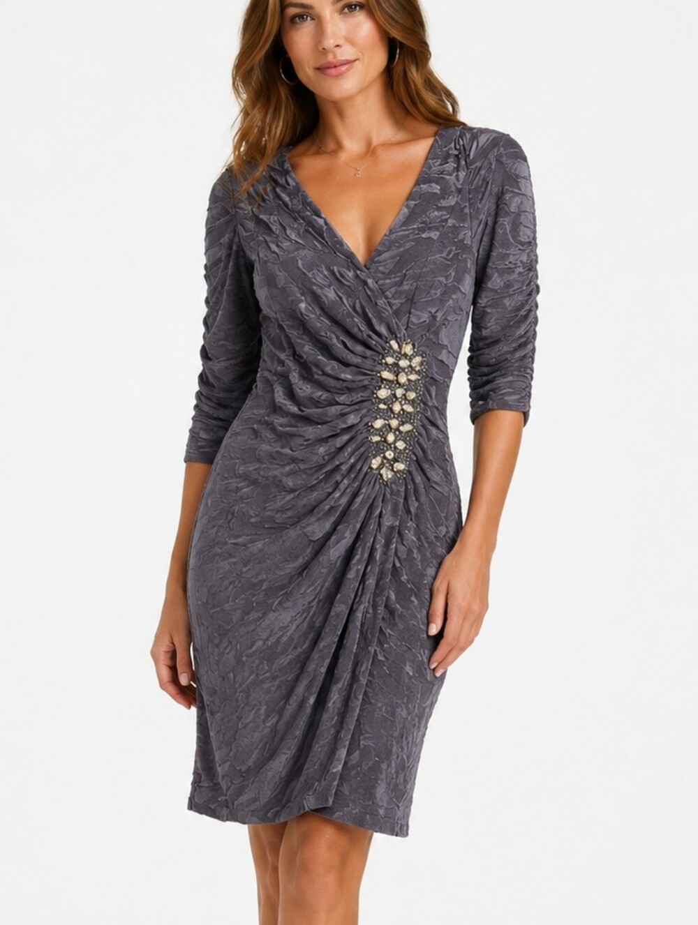 Katia Gray Ruched Dress Rhinestone Embellished